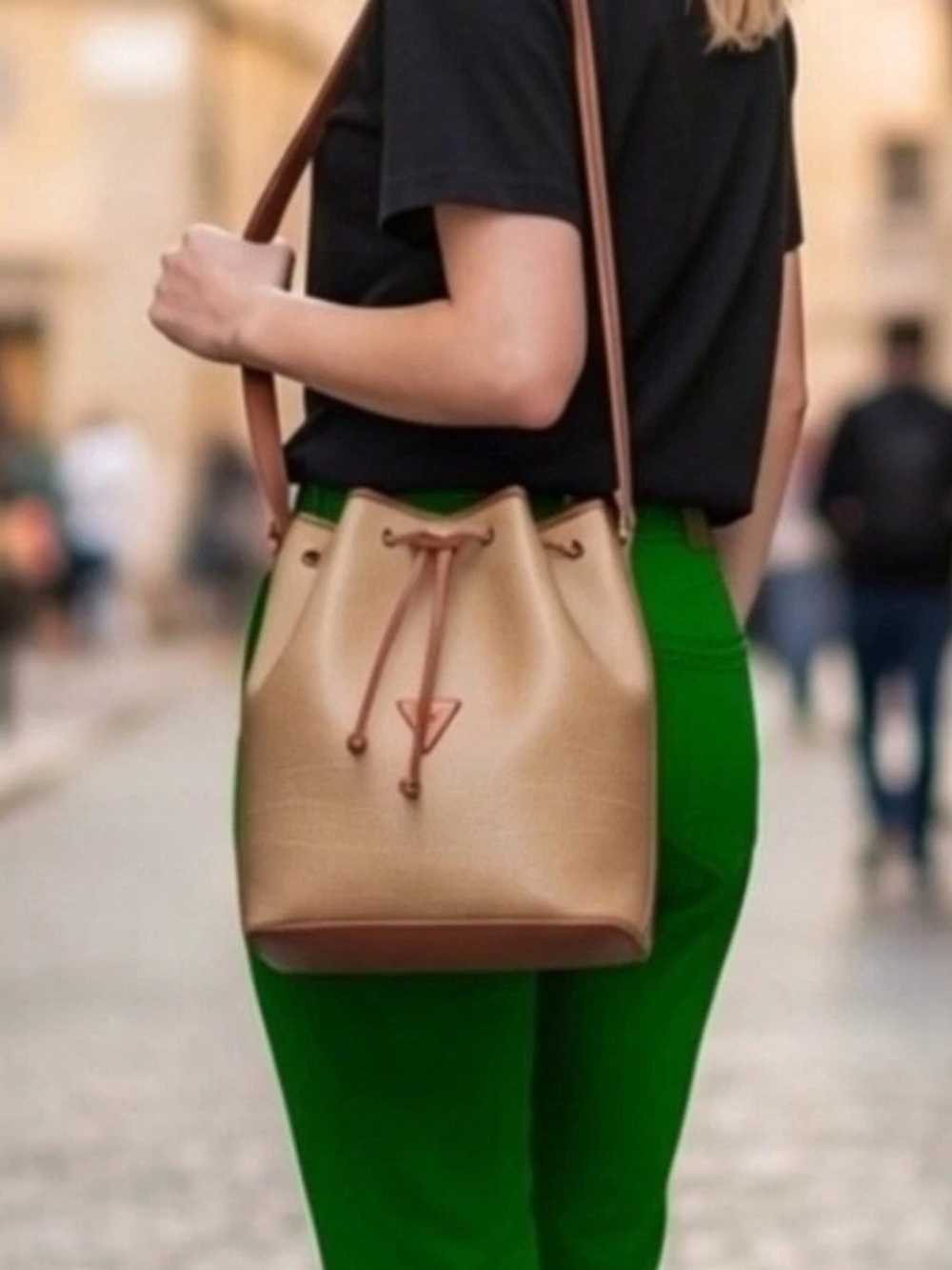 Guess Metallic Gold Drawstring Bucket Bag